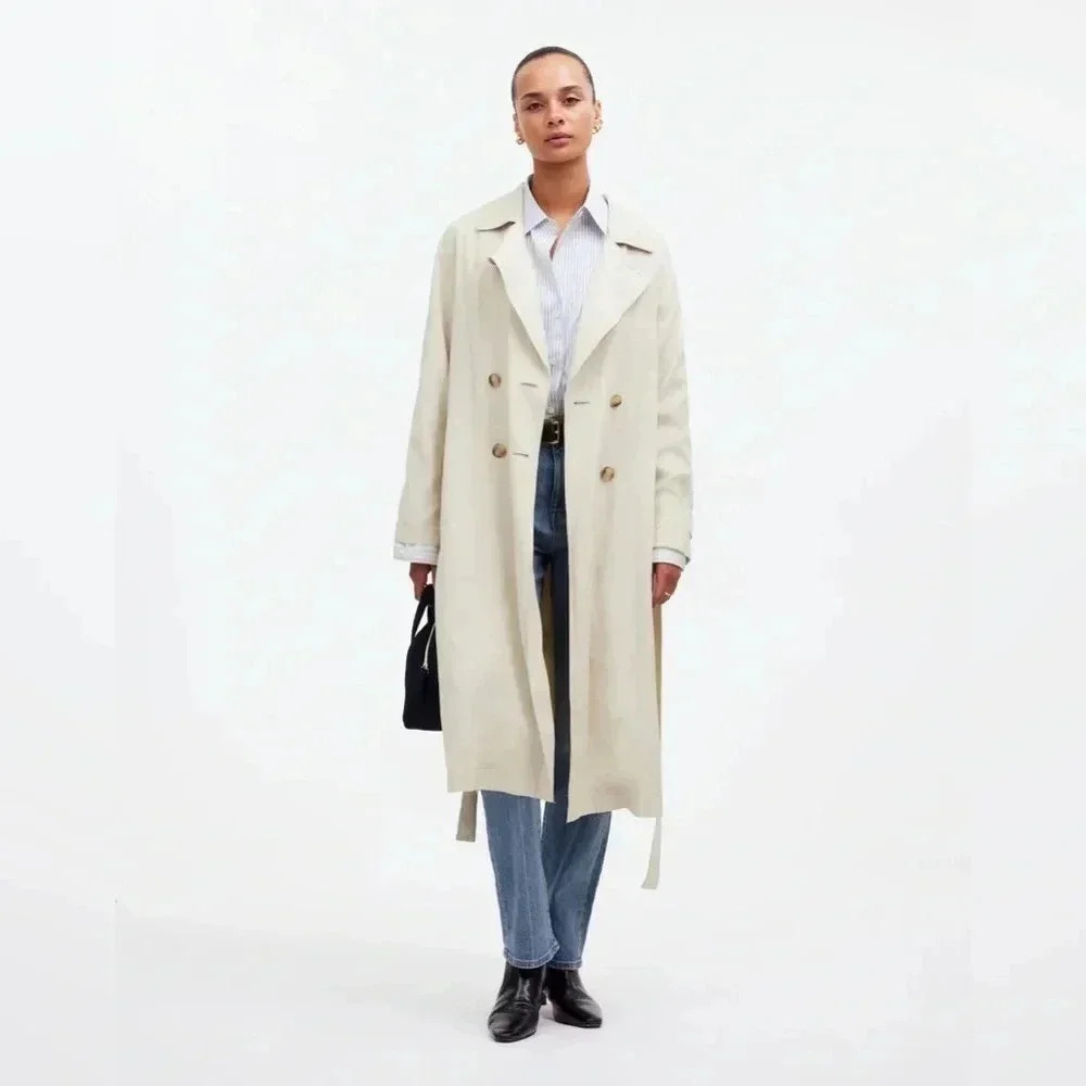 Madewell Belted Trench Coat in Drapey Twill in Muted Stone Size L NWT